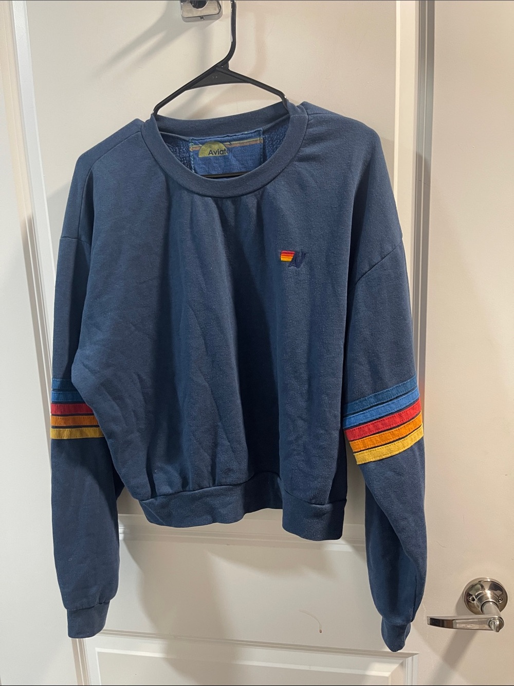 Aviator Nation Navy Crewneck with Red, Orange & Yellow Sleeve Stripes